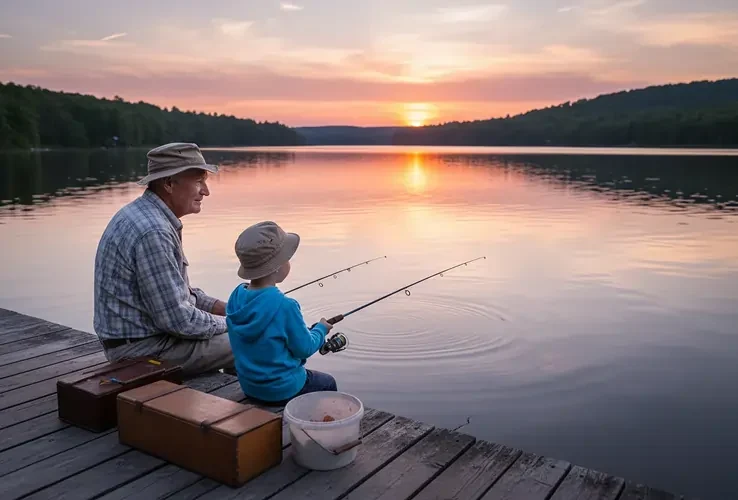 Grandparent and child fishing together from a dock at sunset on a peaceful pond, representing healthy fisheries management and lasting family enjoyment.