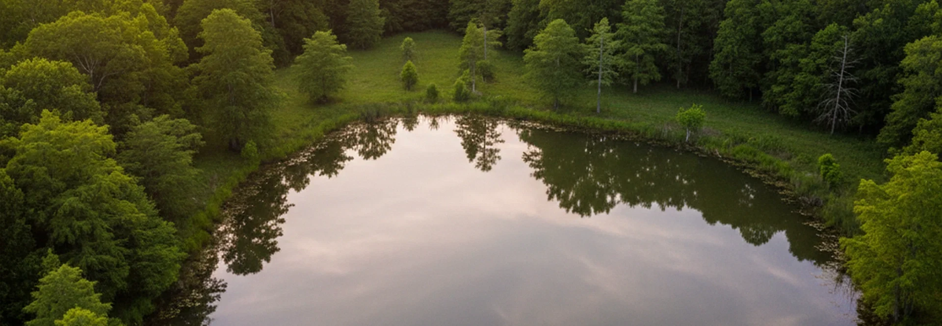 Aerial view of a small pond surrounded by lush green trees and grassy land at sunset.