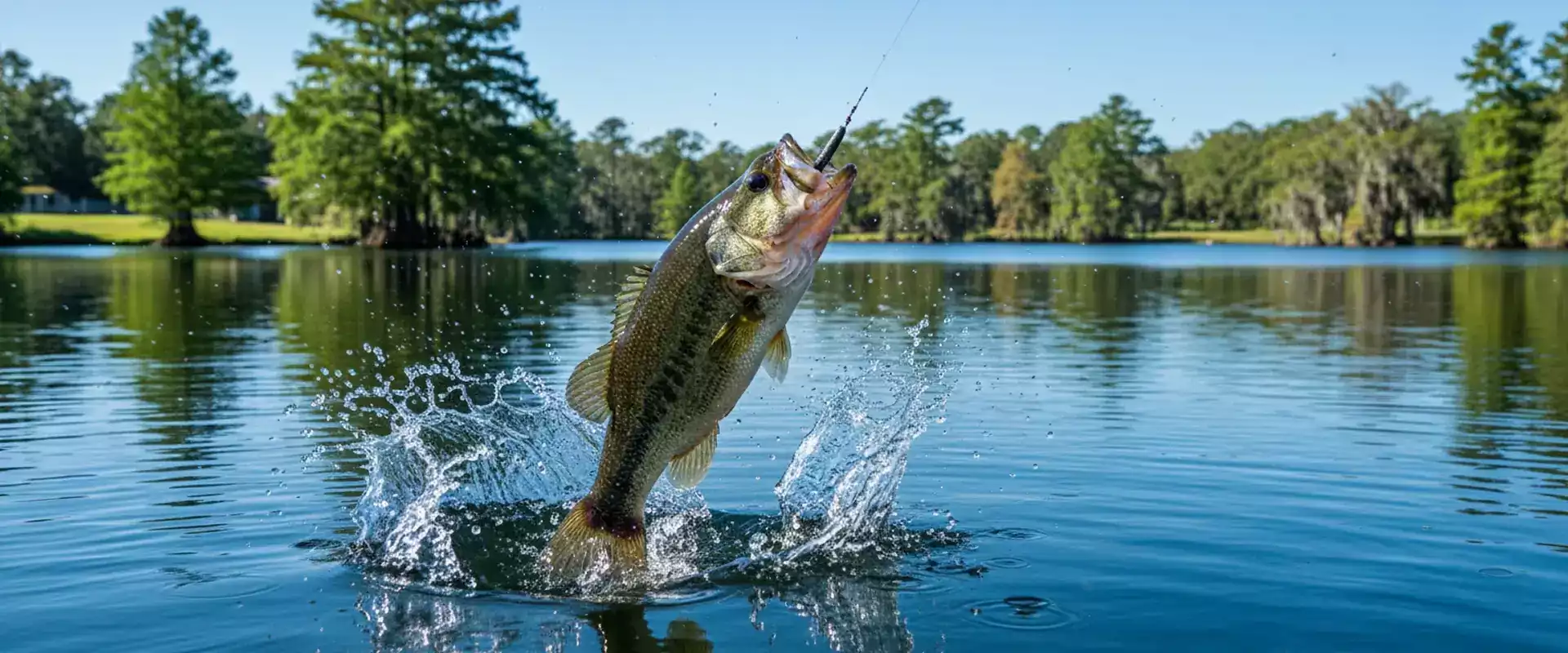 Fish jumping out of a calm lake with a fishing lure in its mouth, surrounded by trees and clear blue sky.