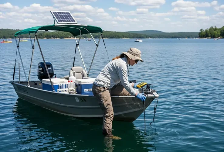 Scientist in hat and gloves collecting water samples from a lake while standing next to a small research boat with solar panel.