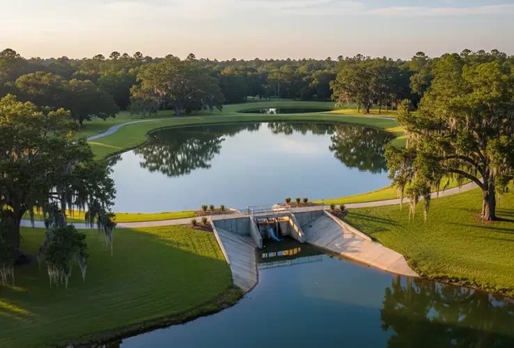 Storm water retention pond with drainage structure supporting long-term water management in South Carolina landscapes.