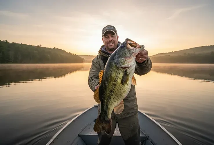 Man in a boat holding a large fish with a calm lake and forest at sunrise in the background.