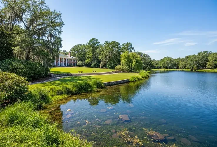 Large estate mansion with white columns overlooks a calm pond surrounded by green lawns and trees under a clear blue sky.