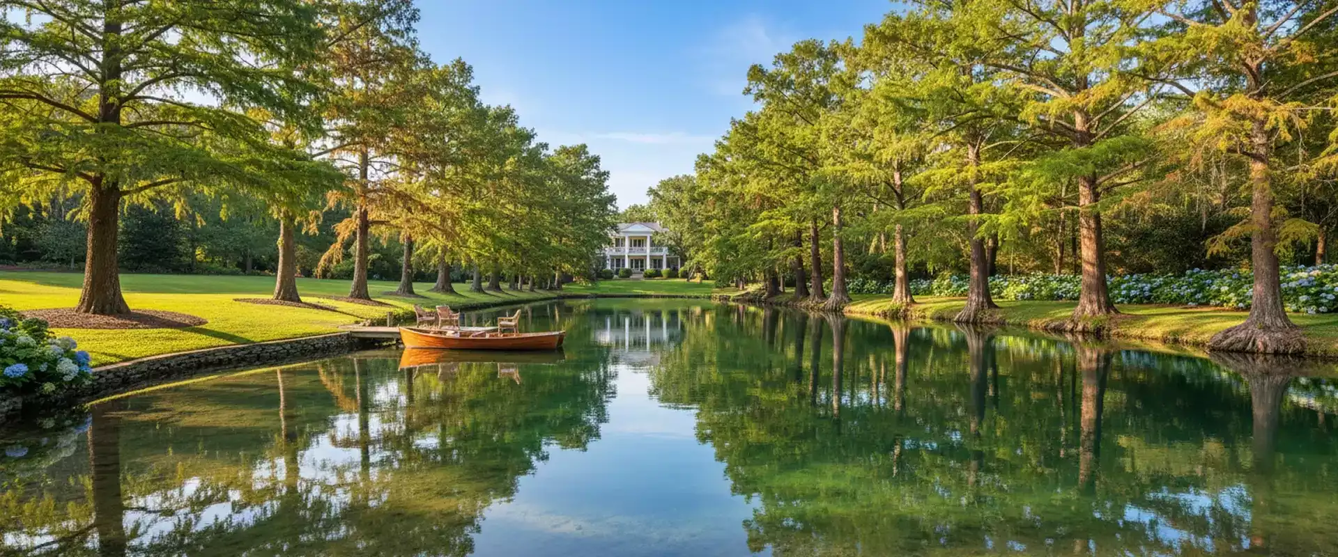 A gorgeous clean fishing pond on a sunny afternoon in South Carolina, with reflections of cypress trees in clear water.