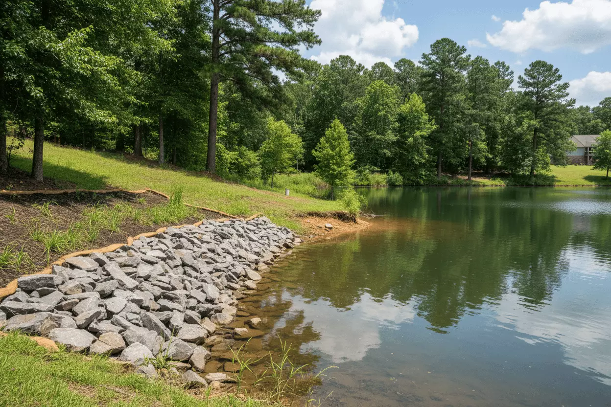 Riprap stone shoreline stabilization on a calm lake bank surrounded by green trees under a blue sky.
