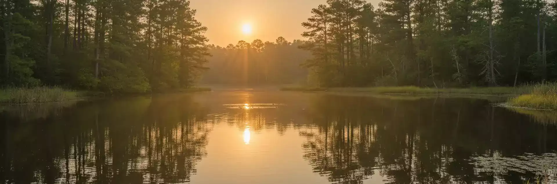 Sunrise over a calm lake surrounded by tall pine trees, with the sunlight reflecting off the water's surface.